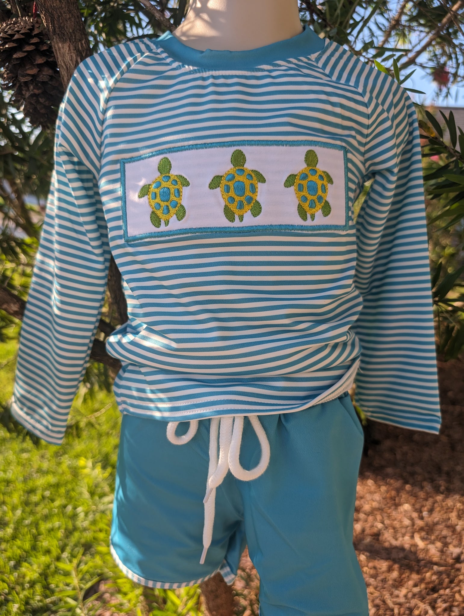 Turtle Embroidered Rash Guard Boy 2 Pc Bathing suit Honeydew - Abby & Evie
