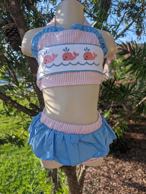 Whale Seersucker Embroidered 2 Pc Set Bathing suit Honeydew - Abby & Evie