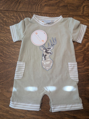 Camouflage Antler Applique Boy Romper Honeydew