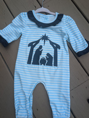 Blue Stripe Nativity Embroidery Girl Romper Honeydew