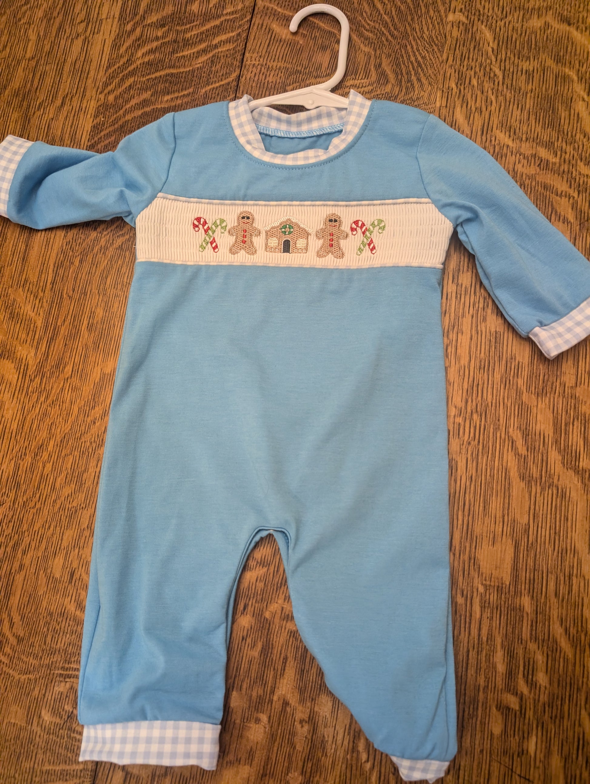 Blue Gingerbread Smocked Boy Romper Honeydew