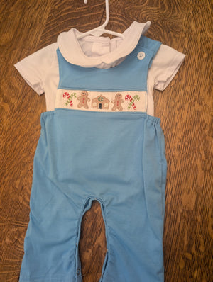 Blue Gingerbread Smocked Baby JonJon Set Honeydew