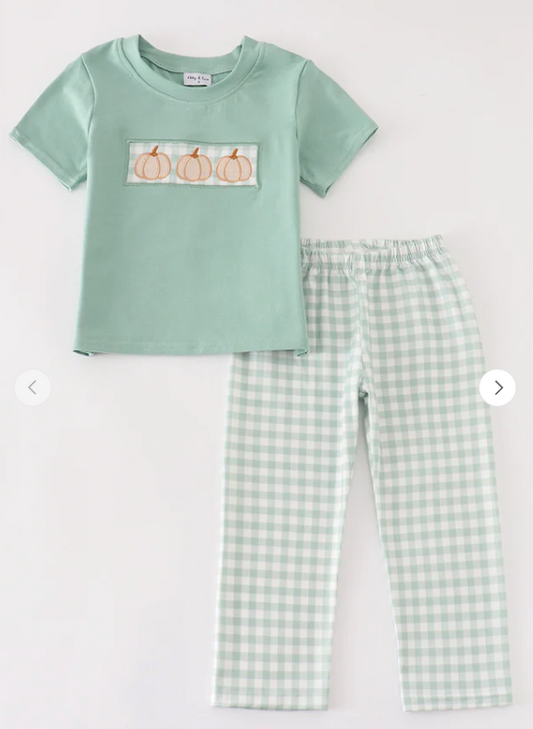 Green Gingham Pumpkin Embroidery 2 Piece Boy Set Honeydew