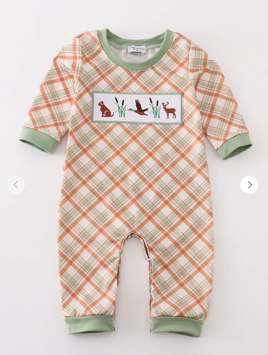 Green Hunting Duck Embroidery Boy Romper Honeydew